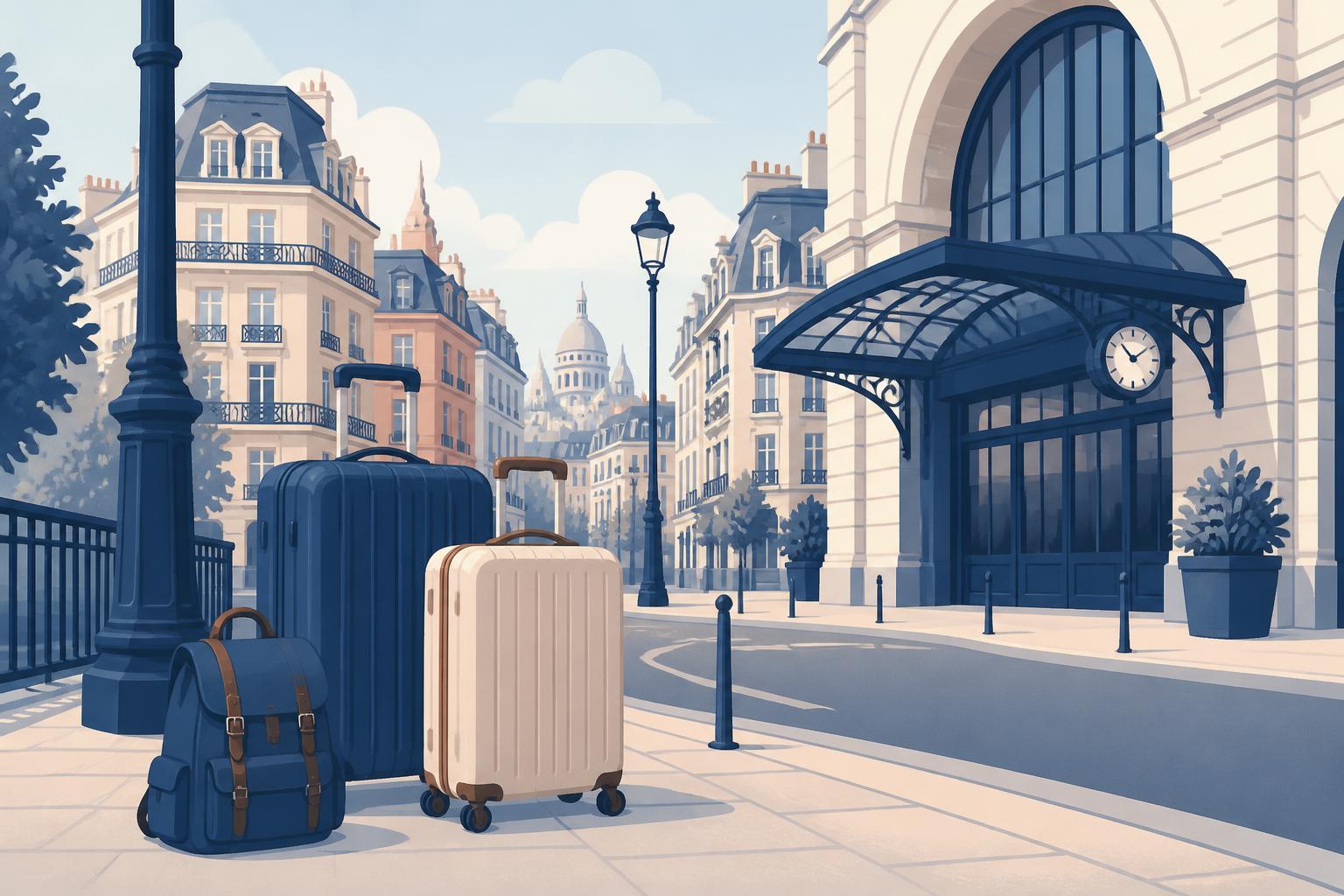Suitcases and a backpack standing outside a European railway station